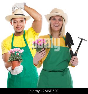 Gardener gardner team flower gardening garden tools occupation job isolated on white Stock Photo