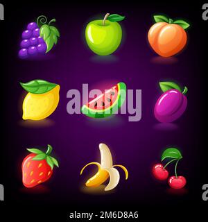 Colorful fruit slots icon set for casino slot machine, gambling games, icons for mobile arcade and puzzle games vector Stock Photo