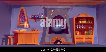 Magic potions shop interior with furniture. Cartoon vector illustration of alchemist room with cauldron boiling in stone oven, wooden work desk with books, bottles with elixirs on shelf, gothic window Stock Vector