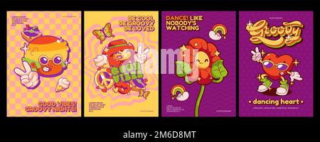 Retro groovy posters design in 70s style. Psychedelic banners with cute hippie characters, funny flower, heart, butterfly and peace sign, vector illustration in contemporary style Stock Vector