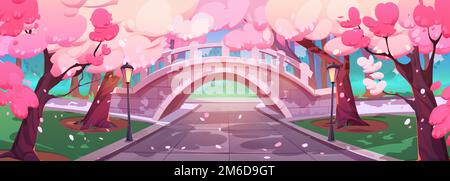 Urban park lane with bridge under blooming sakura trees. Cartoon vector illustration of cherry blossom with pink flowers, street lanterns, alley, green lawn in city garden. Beautiful spring landscape Stock Vector