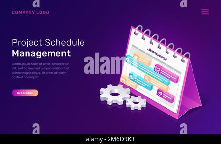 Project schedule management isometric concept vector illustration. Software landing page template for effective work schedule planning, time manager interface, desktop calendar with 3D settings icons Stock Vector