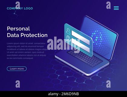 Protecting personal data concept, internet account security guarantee isometric vector. Frame with login and password in front of open laptop screen on blue honeycomb background, landing web site page Stock Vector