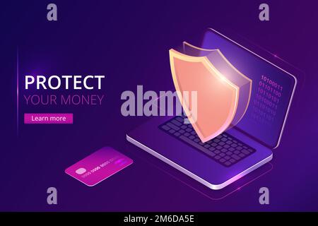 Protecting your money concept, online banking security guarantee, isometric vector. Bank credit card and open laptop, golden shield guards personal information on its screen, purple landing web page Stock Vector