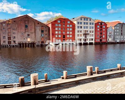 Famous wooden storage houses in Trondheim, Norway Stock Photo