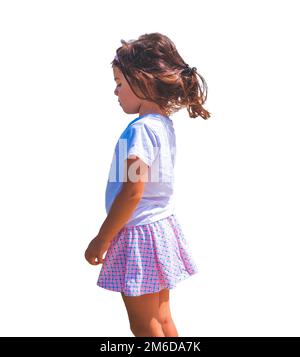 Sad children emotion isolated side view female baby girl background Stock Photo