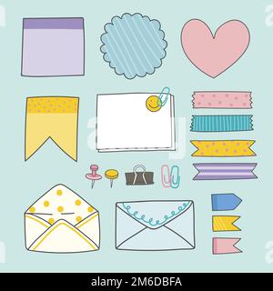 Note papers and office supplies doodle vector set Stock Vector