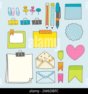 Note papers and office supplies doodle vector set Stock Vector