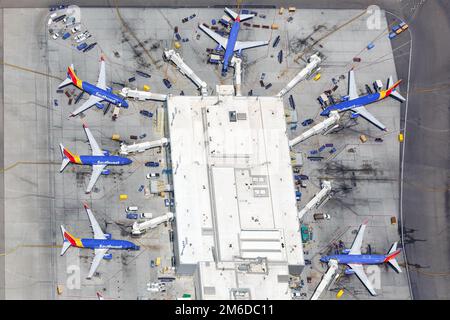 Southwest Airlines Boeing 737 airplanes Los Angeles airport aerial view Stock Photo