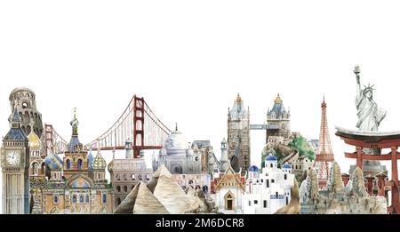 Collection of architectural landmarks around the world watercolor illustration Stock Vector