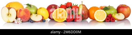 Fruits collection apple apples orange berries fresh fruit isolated on white in a row Stock Photo