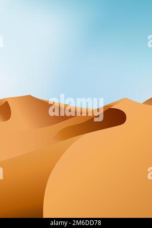 Vertical endless dry desert landscape with sand dunes and clear blue sky, vector illustration. Stock Photo
