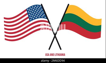 USA and Lithuania Flags Crossed And Waving Flat Style. Official Proportion. Correct Colors. Stock Vector