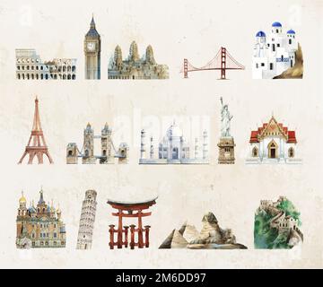 Collection of architectural landmarks painted by watercolor Stock Vector
