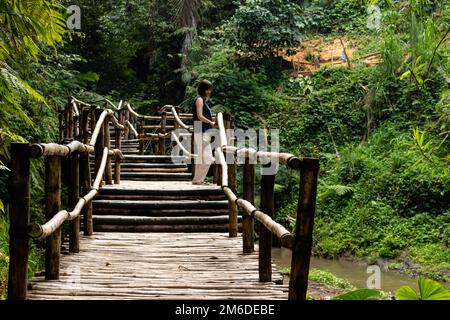 Young fashionable woman on a bamboo bridge Stock Photo