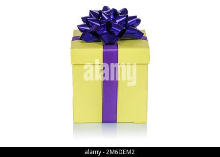 Christmas present birthday gift yellow box ribbon isolated on white Stock Photo