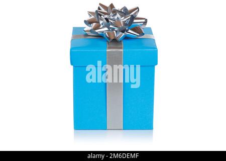 Christmas present birthday gift blue box ribbon isolated on white Stock Photo
