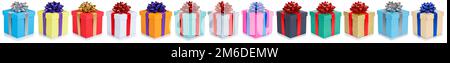 Collection of birthday gifts christmas presents in a row isolated on white Stock Photo