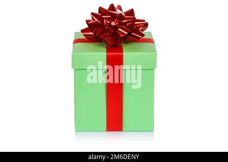 Christmas present birthday gift light green lime box ribbon isolated on white Stock Photo