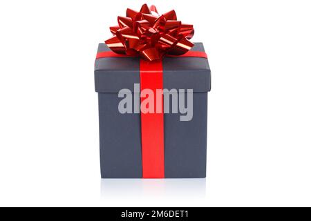 Christmas present birthday gift black box ribbon isolated on white Stock Photo