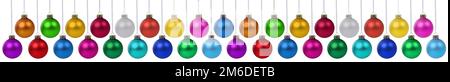 Many Christmas balls baubles banner hanging collection isolated on white Stock Photo