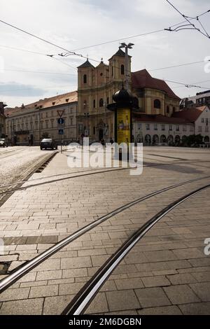 Intersection with iron tram tracks through bratislava Stock Photo