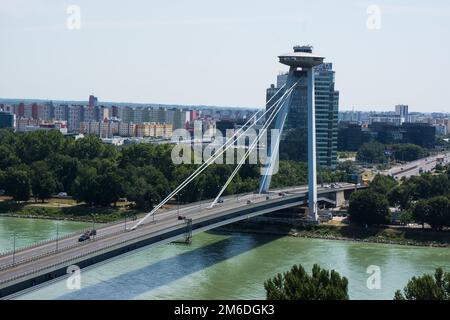 Most SNP bridge with UFO observation deck over danube Stock Photo
