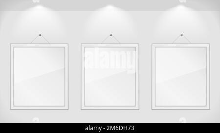 Three white wooden frames on gray wall, vector eps10 illustration Stock Vector