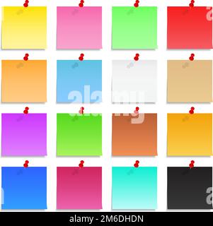 Set of blank post-it notes with push pins, vector eps10 illustration Stock Vector