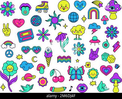 Neon groovy elements cherry flowers and ice cream. Vector smile and flower, hippie and groovy psychedelic illustration design Stock Vector