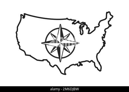 Vector usa country linear map with isolated compass. Compass, navigation icon. Vector graphic. Vintage compass. Stock Photo