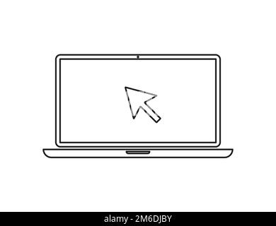 Laptop linear with pointer in flat style. Linear icon. Vector flat illustration. Mobile internet technology. Digital vector illu Stock Photo