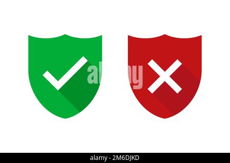 Two green and red shields with checkmark and cross isolated. Security or safe sign. Internet defence symbol. Web technology secu Stock Photo