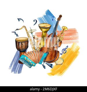 Jazz musical instruments, signs and paint stroke watercolor illustration isolated. Accordion, djembe, trumpet, conga hand drawn. Design element for fl Stock Photo