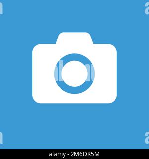 Camera icon white color on blue background. Picture flat isolated symbol. Zoom retro object. Stock Photo