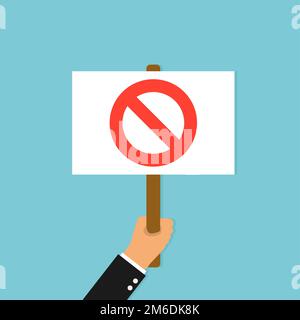Hand holding placard. Illustration protest with no sign banner or board on blue background. Social negative emotion. Stock Photo