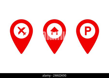 Set of pointer icons or pins for map. Sign of navigation or location isolated on white background. Airport house parking. Stock Photo
