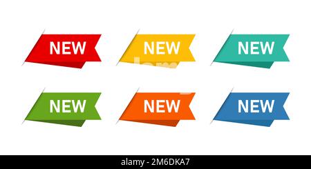 Colored banner or ribbon with text. New banner tags isolated. Design label signs. Sale or spesial offer. Discount banner. Stock Photo