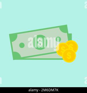 Two dollar with gold monets. Green money. Gold money. Symbol of payment. Finance sign. Salary. Flat design. EPS 10. Stock Photo