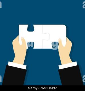 Vector illustration two hands holdind peaces of puzzle. Success solution. Teamwork done. Solved. Flat design. EPS 10. Stock Photo