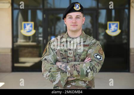 U.S. Air Force Staff Sgt. Brian Hardy, 45th Security Forces Squadron supra coder, stands outside the 45th SFS building at Patrick Space Force Base, Fla., April 25, 2022. Supra coders are enhancing the war fighter in an ever-evolving digital domain by creating innovative, cutting-edge software. 45 Security Forces Squadron,Patrick SFB,SLD45,Security Forces,supra coders, Stock Photo