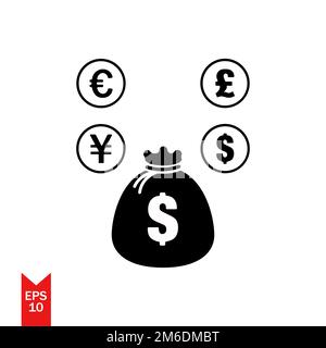 Vector icon of money bag with shadow dollar sign black color EPS 10 full of money bag coins of dollar pound euro uang Stock Photo