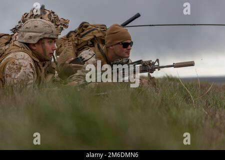 U.S. Marines with 1st Battalion, 7th Marine Regiment, 1st Marine Division, plan their next movements at Saylor Creek Range in Grasmere, Idaho during exercise Garnet Rattler April 25, 2022. Garnet Rattler is a joint exercise between Marines, Soldiers and Airmen to train and qualify Joint Terminal Attack Controllers (JTAC) to be more efficient and lethal in a realistic training environment. Stock Photo