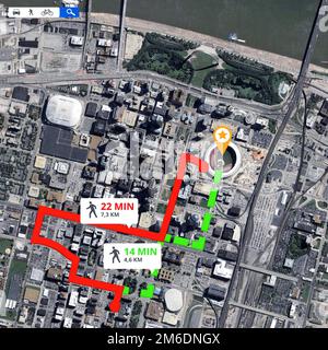 Mapping out the best route. Cropped image of a city satellite map with different routes shown on it in color. Stock Photo