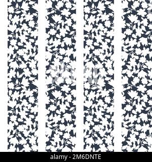 Delicate floral pattern. Seamless pattern with stripes and white flowers silhouettes on black background. Monochrome floral fashion print Stock Photo