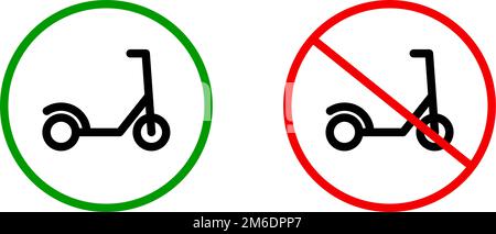 Permitted and prohibited use of electric scooters sign icon set. Editable vector. Stock Vector