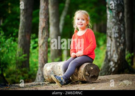 A small 3 year old cheerful girl is sitting on a log in the forest. Stock Photo