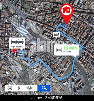 Want to know the best route. Cropped image of a city satellite map with different routes shown on it in color. Stock Photo