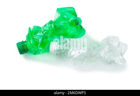 crumpled plastic bottles on wite background Stock Photo