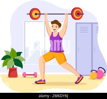 Weightlifting Sport Illustration with Athlete Lifts a Heavy Barbell, Gym Equipment and Bodybuilder Training in Flat Cartoon Hand Drawn Templates Stock Vector